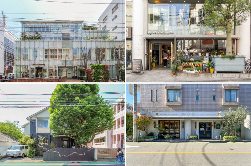 <b>左上・</b>駅前から学園通りを通ってマンションまで。「IDEE SHOP自由が丘」には素敵なインテリアが揃っています。(徒歩10分)/<b>右上・</b>気分が上がる日用品や調味料は「TODAY’S SPECIAL 自由が丘」で調達。(徒歩9分)/<b>左下・</b>「Fleuriste Charles Froment(フローリスト シャール・フラマン)」で季節のお花をゲット。(徒歩7分)/<b>右下・</b>お祝い事には「Mont St.Clair(モンサンクレール)」のとびきり美味しいケーキを。(徒歩5分)