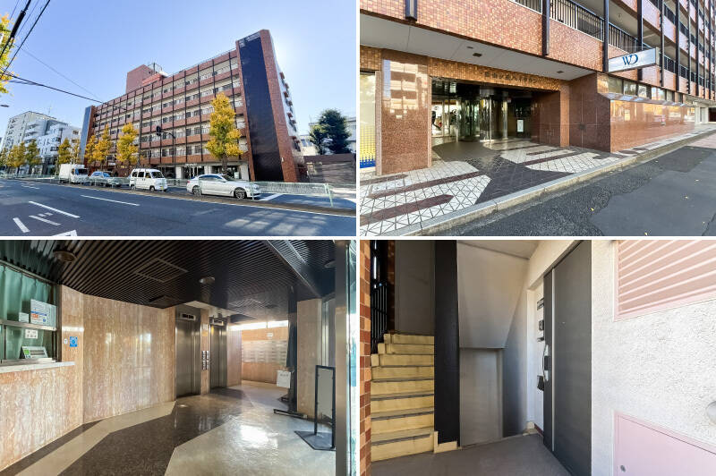 目黒通り沿いに建つ1976年築、全50戸のマンション。路面には自転車屋さんや中古車販売店、ヤクルトがテナントとして入っています。管理人さんは週6日間勤務で、エレベーターは2機ありますよ。