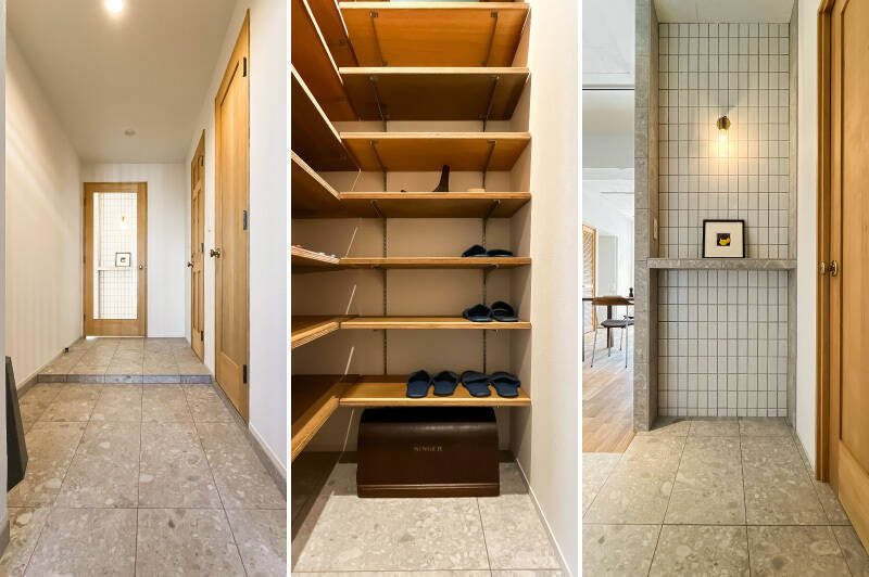 <b>左・</b>玄関ドアを開けた瞬間『好き!』な気持ちがムクムクと。/<b>中央・</b>広い土間の横にはたっぷりサイズのシューズインクローゼット(SIC)。/<b>右・</b>ガラス入りの扉を開けると正面には目隠しにもなるカウンター付きのタイル壁♡