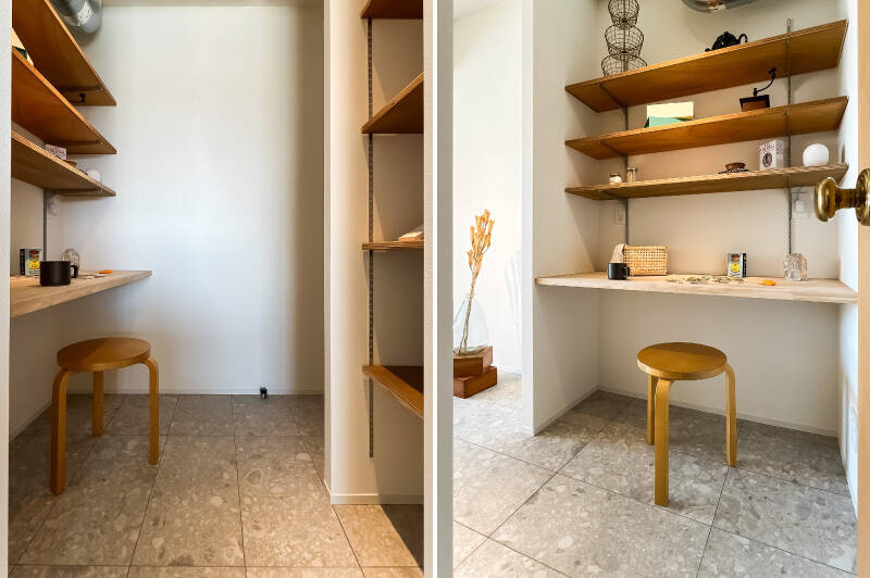 キッチン裏にはパントリーと呼ぶにはもったいないくらい広々したカウンター付きの空間が。LDK入ってすぐのドアから直接出入りできちゃいます。