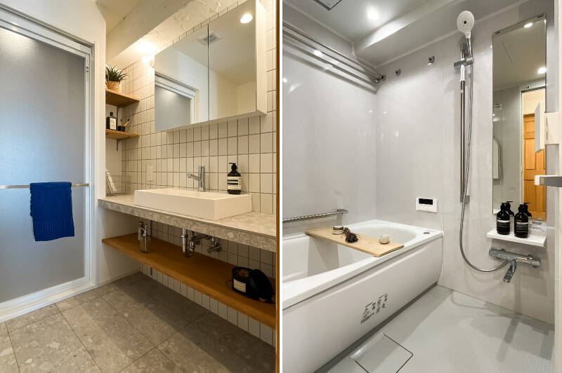 <b>左・</b>キッチンと同じタイルが使われた洗面スペース。朝の身支度もウキウキ気分でできそうですね♪/<b>右・</b>1418サイズのゆったりとしたユニットバス。