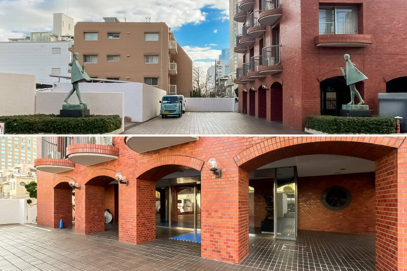 <b>上・</b>ゆとりある敷地の入り口で、ふたつの彫像が迎えてくれます。この彫像は彫刻家本郷新の「花束」。/<b>下・</b>マンションのピロティ部分も、バルコニー同様曲線を描いていて特徴的です。