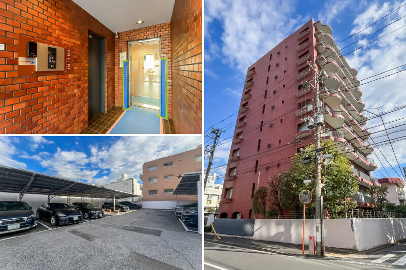 <b>左上・</b>共用部にはオートロックを完備。/<b>左下・</b>駐車場はうれしい平置き・屋根付きです。空きがあれば、月額18,000円で利用できます。/<b>右・</b>マンションを背後から。こちら側にも愛らしいアールのバルコニーが。ちなみに写真に写っていませんが、右手には「品川プリンスホテル」の敷地が広がっています。