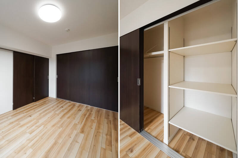 窓の反対側は壁一面が収納になっています。クローゼット+可動棚が備わっており、かなり頼もしい収納容量です!