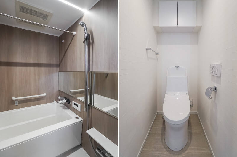 <b>左・</b>バスルームは1317サイズ。抜かりなく浴室乾燥機を完備しています。/<b>右・</b>白で統一された清潔感あるトイレ。壁に小ぶりなアートなどを飾りたくなりますね。