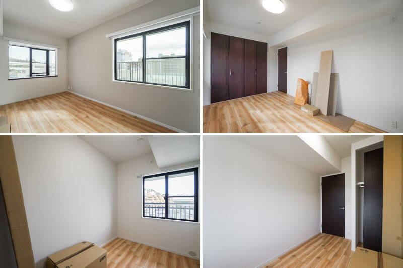 <b>上・</b>ゆったりとした洋室Bは、南東と北東の二面採光。北東側は出窓になっており、窓辺を彩るのが楽しみになりそう。収納は、壁ほぼ一面サイズのクローゼットが備わっています。/<b>下・</b>お子さま部屋にぴったりな、比較的コンパクトな洋室C。こちらのクローゼットはやや小さめなので、必要に応じて家具を追加するイメージでいるのがよさそうです。