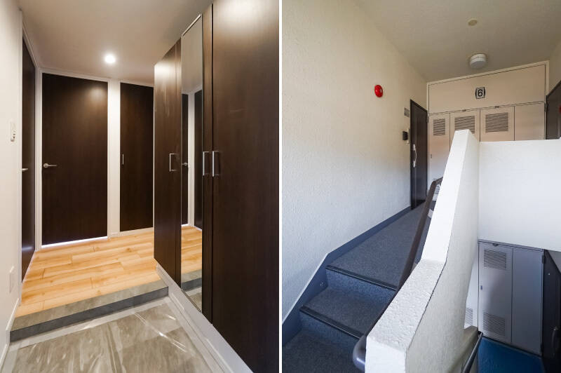 <b>左・</b>玄関から廊下を見たカット。シューズボックスも洋室の扉と同じダークブラウンで統一され、落ち着いた印象の空間となっています。/<b>右・</b>マンションは、ブロックごとに階段があるタイプの建物です。同じフロアにあるのはお向かいさんの玄関扉のみなので、人の往来が少なくリラックスできそうですね。