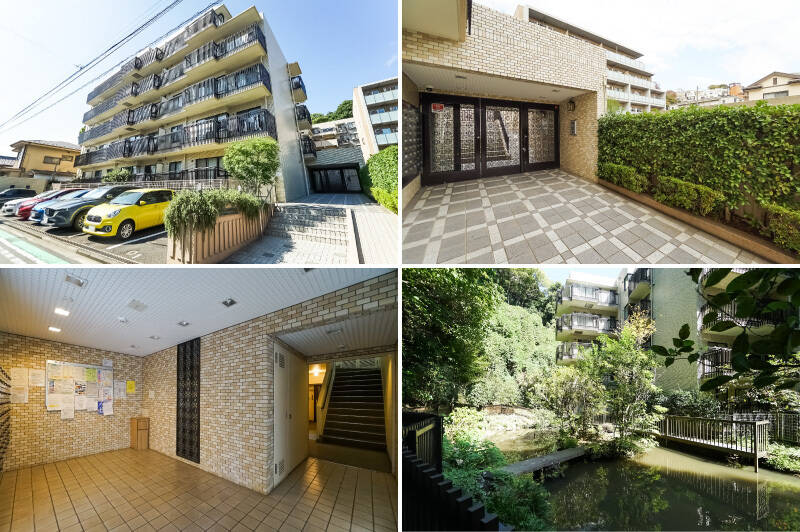 <b>左上・</b>閑静な住宅街に佇む、1984年築、総戸数54戸のマンションで、新耐震基準に適合しています◎ /<b>右上・</b>エントランスはオートロック完備です。透かしの意匠の入ったゲートが可愛い♡/<b>左下・</b>外壁とお揃いのタイルで統一された共用ホール。清掃が行き届いていてピカピカでした。/<b>右下・</b>マンションの敷地の奥には、立派な池があります。このあたりの「軽井沢」という地名も相まって、ほんのり避暑地のようなムードが漂いますね。