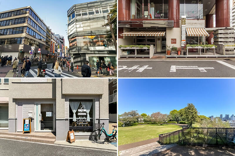 <b>左上・</b>横浜駅西口から出たところ。飲食店などが多くたくさんの人で賑わっています。(徒歩13分)/<b>右上・</b>“穴場の可愛いカフェ” と評判の「Lu’s CAFE(ルーズカフェ)」。駅から少し離れた場所にあるので、ゆったり落ち着いた時間を過ごせますよ。(徒歩4分)/<b>左下・</b>住宅街の中のパティスリー「菓子工房Glück Yokohama(グリュック ヨコハマ)」。可愛らしいデコレーションケーキや焼き菓子がたくさん。イートインスペースでは限定のパフェを楽しめますよ。(徒歩8分)/<b>右下・</b>マンション近くにはいくつも公園が。中でも坂道を上った先にある「浅間台みはらし公園」からは素晴らしい景色が見渡せます。(徒歩9分)