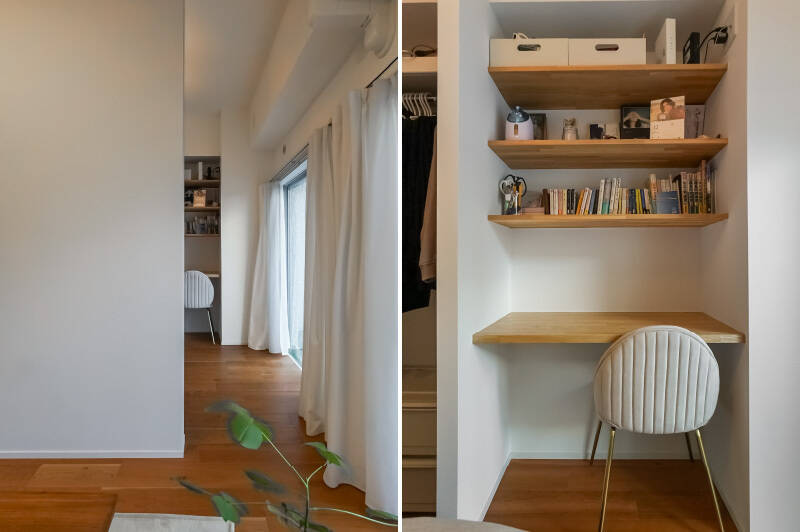 <b>左・</b>リビングから洋室がチラリ。／<b>右・</b>洋室に入って正面にあるデスク。上部には棚も備わっており、書籍や小物を収納できます。