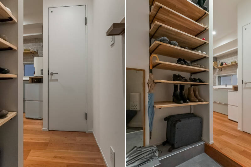 <b>左・</b>玄関正面の扉はトイレの入口。廊下がない動線です。／<b>右・</b>下足入れは可動式の棚。ロールスクリーンも付いているため、目隠しをすることも可能です。