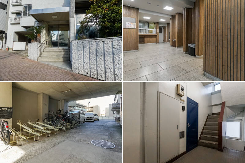 <b>左上・</b>エントランスの入口には数段の階段が。／<b>右上・</b>ブラウンのタイルがレトロな印象のエントランス。自動販売機があり、急に炭酸を欲した時などに便利だと思いました（笑）／<b>左下・</b>駐輪場は屋根付き。利用料は、年額2,000円〜5,000円です。／<b>右下・</b>エントランスから1番奥にある、住戸の玄関扉。
