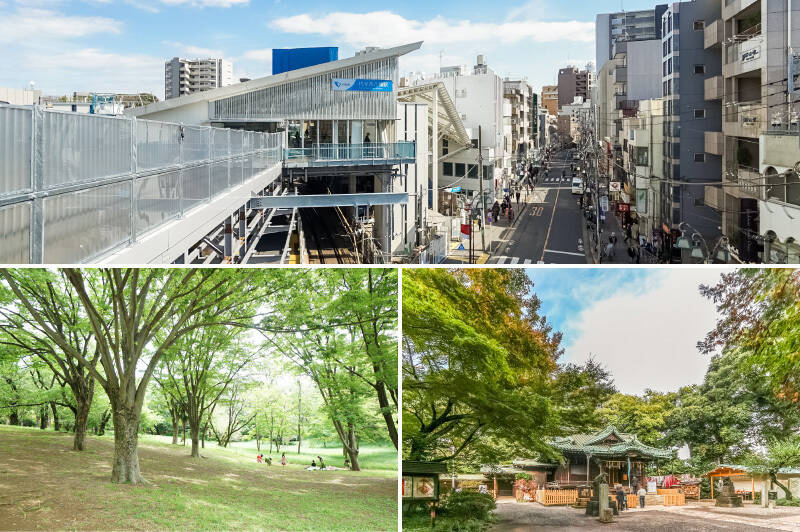 <b>上・</b>最寄りは小田急線「代々木八幡」駅（徒歩9分）。「代々木公園」駅、「参宮橋」駅もそれぞれ徒歩10分圏内です。／<b><b>左下・</b></b>約54ヘクタールもの広大な敷地を誇る「代々木公園」。マンションから西門まで徒歩9分です。／<b><b>右下・</b></b>鎌倉時代に創建した「代々木八幡宮」。境内からは縄文時代の遺跡も発見され、古代から聖地であったことがうかがえます。（徒歩3分）