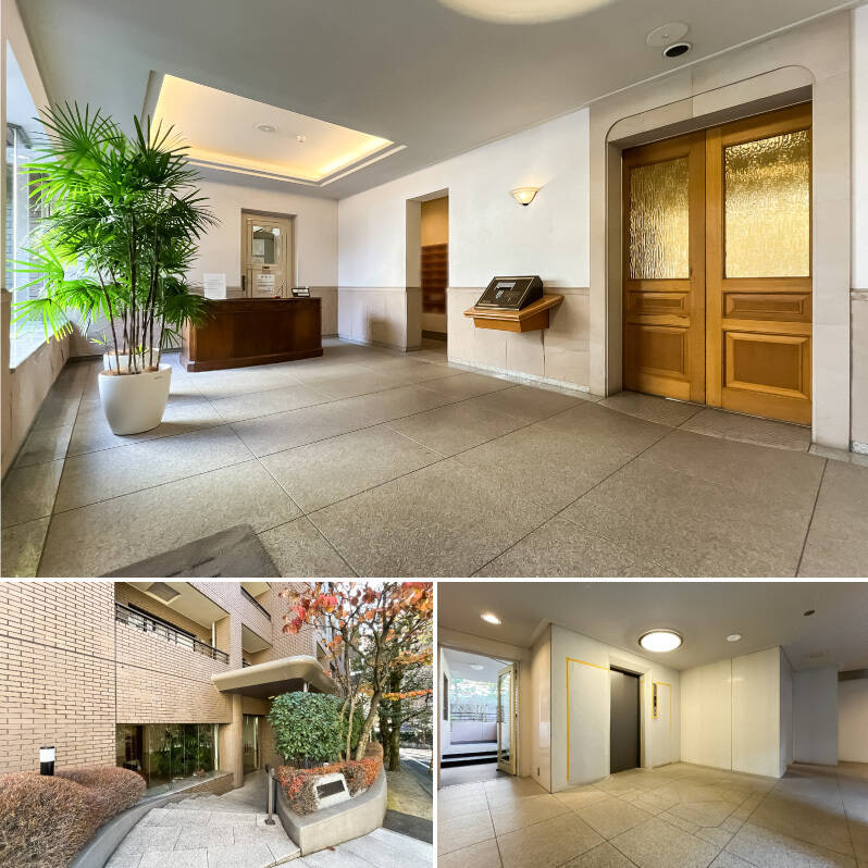 <b>上・</b>まるでクラシックホテルのような品格が漂う、受付が設置された共用ロビー。管理員は週6日勤務されています。オートロックの自動ドアも重厚な造り。／<b>左下・</b>少し戻って、こちらが西側にあるメインエントランス。植栽が目隠しの役割を果たしています。東側にもサブエントランスがありますよ。／<b>右下・</b>エレベーターホールの横から外へ出ると……