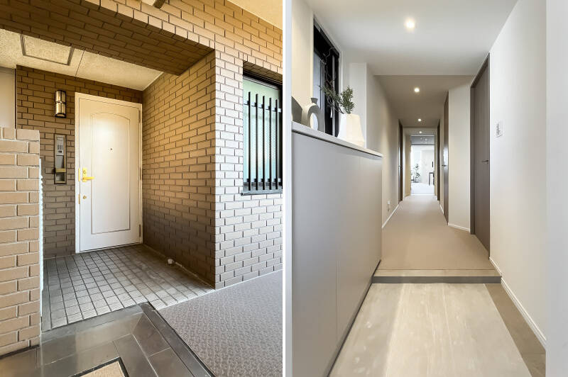 <b><b>左・</b></b>中庭に面した明るい共用廊下を進むと、玄関ドアの前にはアルコーブ。ここでもプライバシーに配慮されているのを感じます。／<b><b>右・</b></b>窓があって明るい玄関。廊下から先の床は足触りのいいカーペット敷きです。まずは突き当たりのLDKから拝見しましょう。