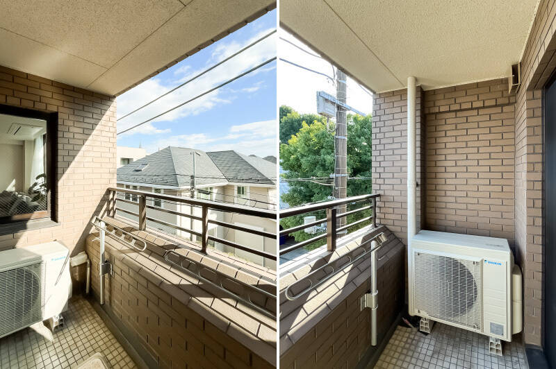 コンパクトではありますが、リビング側に窓があって室内の様子を伺うことができます。お洗濯物は手すりより下へ。東向きなので、早い時間帯から干すのがよいでしょう。