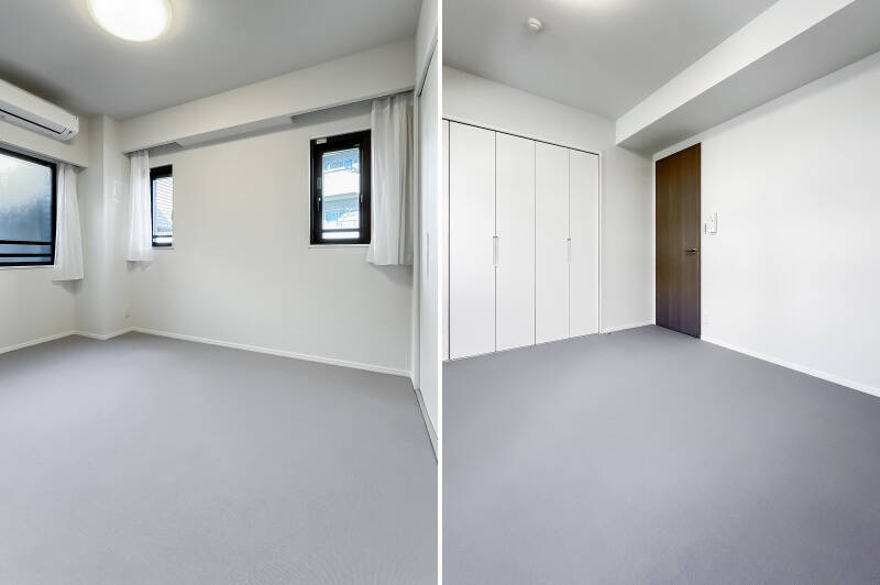 北向きのふたつの小窓に加え、西側にも窓がある二面開口の居室です。