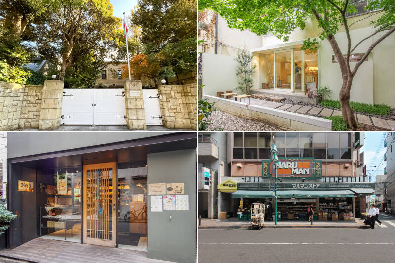 <p><b><b>左上・</b></b>バルコニーから見えた「ブラジル連邦共和国大使館」（徒歩1分）。「駐日ブルガリア大使公邸」と隣り合っています。治安の面でも安心ですね。／<b>右上・</b>「代々木公園」駅の裏にひっそりと佇む「Afterhours（アフターアワーズ）」。完全予約制のパティスリーです。（徒歩9分）／<b><b>左下・</b></b>朝7時から営業している「365日」。ベーカリーがメインですが、日本全国から集めた食材や調味料、食雑貨も扱っています。（徒歩9分）／<b>右下・</b>代々木八幡の駅前商店街でお買い物を済ませるなら「マルマンストア 代々木八幡店」が便利（徒歩9分）。山手通りを渡ったところには「オーケー 初台店」もありますよ。（徒歩7分）</p>