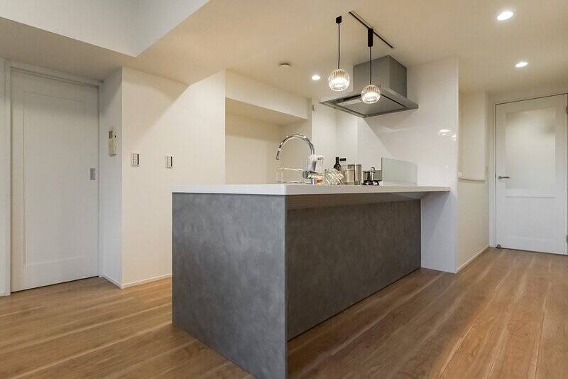 スツールを置いて、バーカウンターのように利用することもできそう◎ 左手の扉の中はパントリーです!