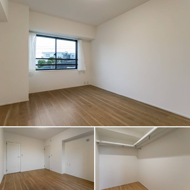 <b>上・</b>LDKの横にある南東向きの洋室A。4つある洋室のうち一番広さがあります。/<b>左下・</b>建具はホワイトでまとまっていてスッキリした印象。右手の扉を開けると…<b>/右下・</b>たっぷりサイズのウォークインクローゼット(WIC)が。