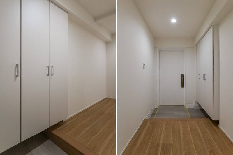 玄関はゆとりを感じる広さ。下足入れもたっぷりサイズ。