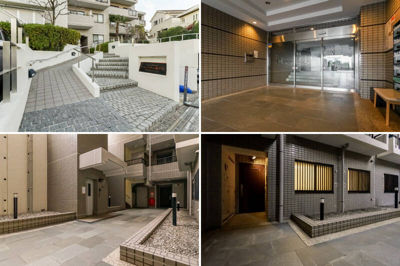 <b>左上・</b>道路からエントランスまでは、緩やかなスロープもしくは階段を上がります。/<b>右上・</b>オートロック付きのエントランス。/<b>左下・</b>1階の吹き抜けの共用廊下。右手の壁側が今回ご紹介する住戸です。/<b>右下・</b>玄関扉。右手の窓が3つの洋室の窓です。