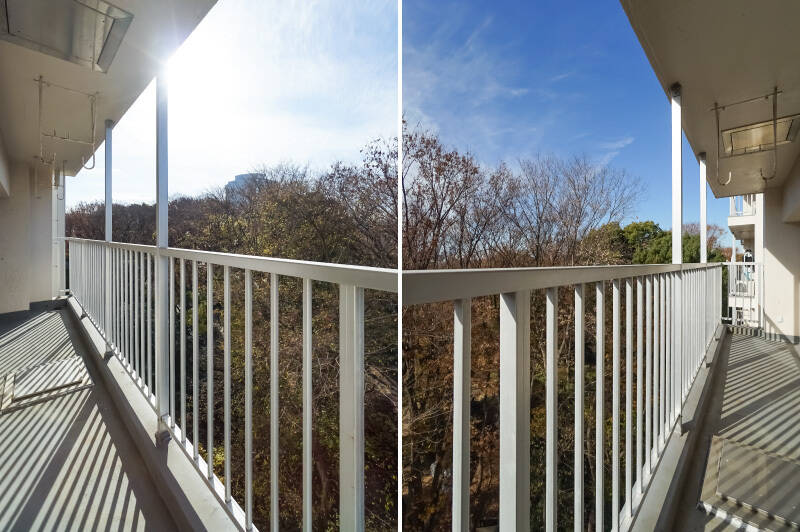 光を浴びる白い鉄柵が、なんとも絵になるのです。バルコニーはLDKと洋室Aにまたがっており、横幅も奥行きも余裕を感じる大きさでした。