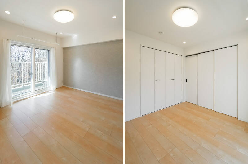 頼もしいサイズのクローゼットを備えた、日当たりのいい空間です。窓辺には室内用の物干し金具が設置されています。