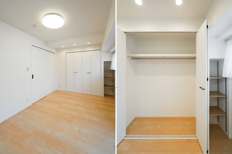 収納は、クローゼットと可動棚付きのオープンシェルフが。こちらも奥行きが深いので、収納ボックスなどを組み合わせればかなりの収納容量が期待できます。