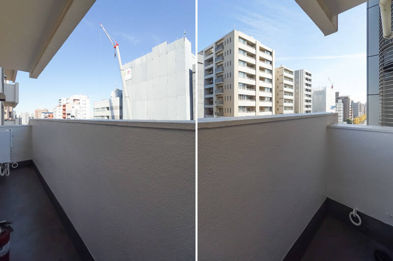 洋室Bの横幅いっぱいに広がるワイドなバルコニー。交通量の多い「本郷通り」に面しているため、外だと行き交う車の音が比較的大きく聞こえてきます。