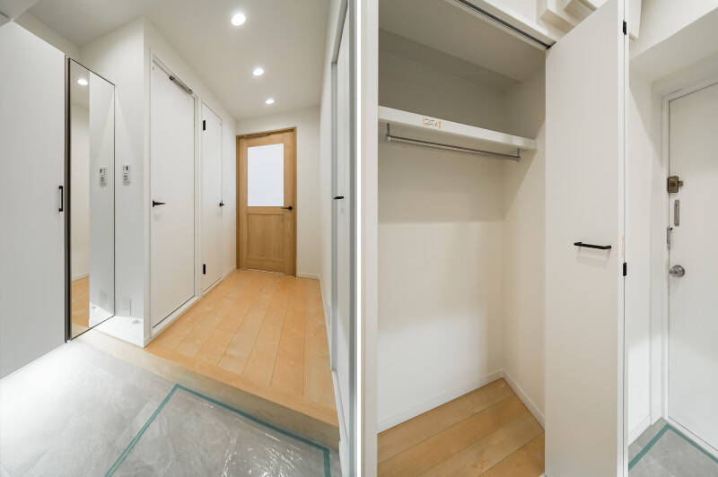 <b>左・</b>玄関からLDKを見たカット。廊下の短いスマートな間取りです。/<b>右・</b>シューズボックスのほか、玄関にはクロークが備わっています。特に花粉の時期などにありがたみを実感できそう……。