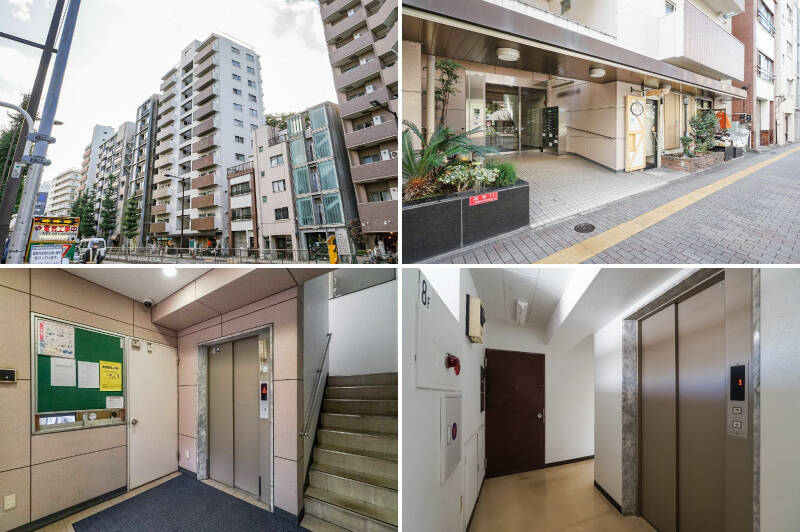 <b>左上・</b>1974年に竣工した、総戸数26戸のマンションです。建物1階にはテナントとして、飲食店やリサイクルショップが入っています。/<b>右上・</b>エントランスにはオートロックと宅配ボックスを完備。/<b>左下・</b>共用部は清潔感がある印象。共用部の美化を呼びかける貼り紙があり、清掃意識の高さがうかがえます。/<b>右下・</b>こちらが、ご紹介した住戸が所在する8階の共用廊下。ワンフロア2住戸のみの、プライバシー性が高い造りです。