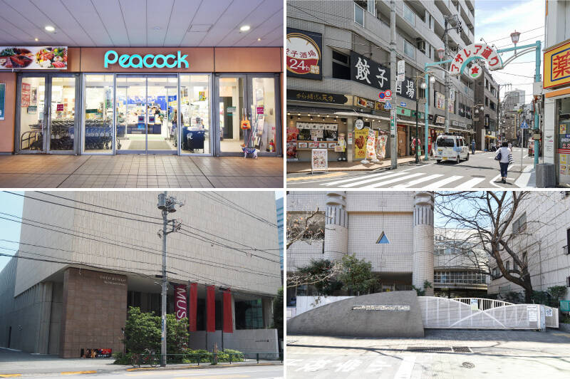 <b>左上・</b>ドラッグストアや飲食店、スーパーを併設した「文京グリーンコート」。日常的な買い物なら、8:00~23:00の長時間で営業している「ピーコックストア 文京グリーンコート店」へ。(徒歩8分)/<b>右上・</b>駒込は商店街が豊富なことでも知られる街。例えば「駒込アザレア通り商店街」までは徒歩7分ほどです。/<b>左下・</b>文京区エリアならではの雰囲気のよさを象徴する「東洋文庫ミュージアム」。東洋学の専門図書館・研究所で、さまざまな企画展が開催されるミュージアムや小岩井農場直営のカフェもあります。(徒歩3分)/<b>右下・</b>文京区の名門公立小学校、“3S1K” のひとつとして人気の高い「昭和小学校」の学区内というのも、物件の魅力のひとつ。子育て中の方にとって見逃せないポイントですね!(徒歩2分)