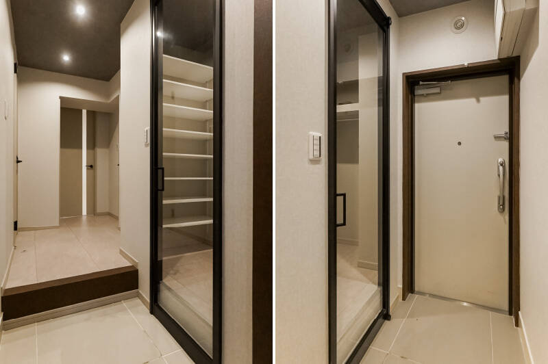 むむ、玄関ではあまりお見かけしないガラス扉。その中は収納スペースで、そのまま洋室Bの方まで抜けられるようになっています。詳細はまた後ほどご紹介しますね。