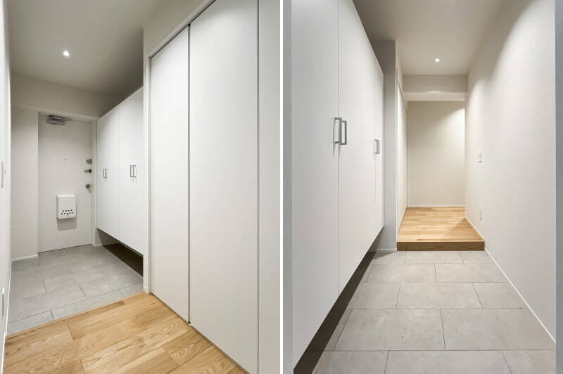 玄関まわりにはトールタイプのシューズボックスがあるほか、棚付きのクローゼットを設置。