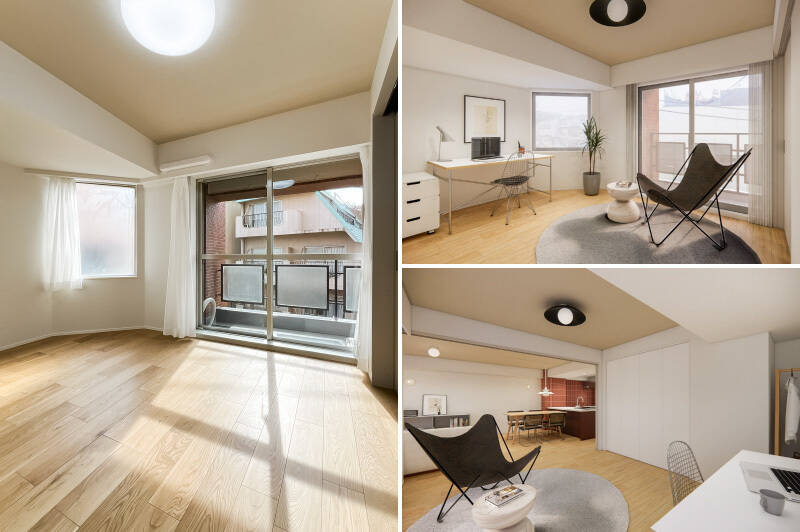 デスクを置いて<b>ワークスペースのように使うパターン</b>。窓は南東・南西向きです。(<b>右・</b>CGイメージ)