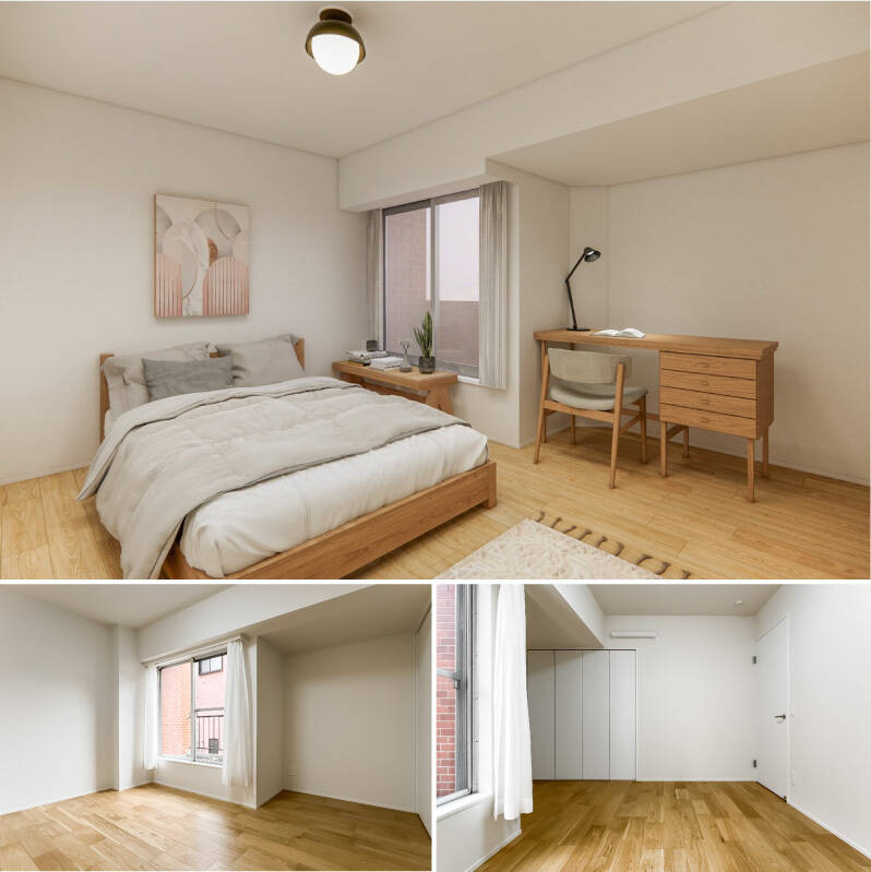 洋室Cも南東向きで、折れ戸2枚分のクローゼット付き。ベッドのほかにもデスクなどの家具を置ける広さです。(<b>上・</b>CGイメージ)