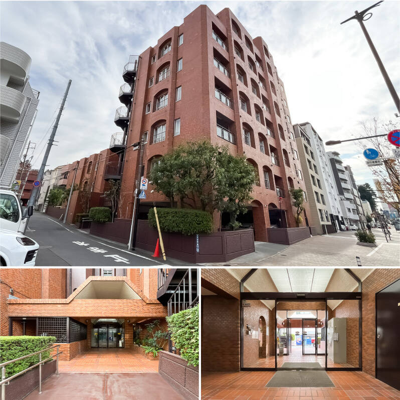 <p>建物は山手通りに面していますが、エントランスは通りから奥に入った静かな小道に面しています。共用ロビーまわりもレンガ調のタイル貼り。共用ロビーには管理人室がありますよ。</p>