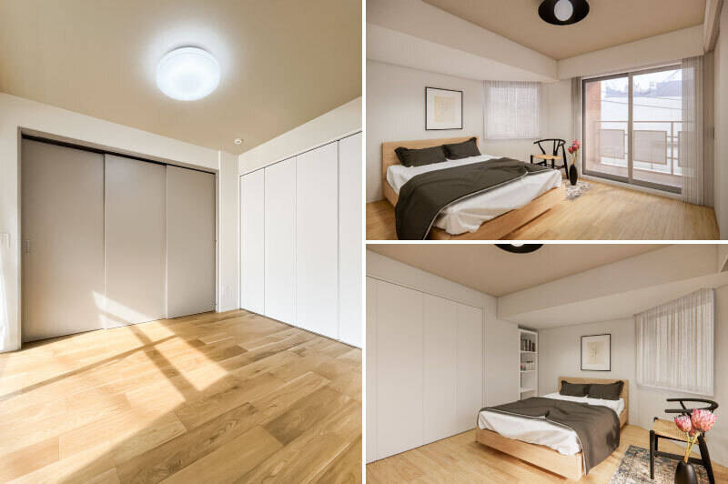 <b>寝室として使うパターン</b>。折れ戸2枚分のクローゼットを備えています。(<b>右・</b>CGイメージ)
