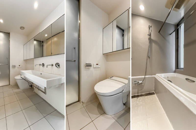 <b>左・</b>洗面台はワイドなボウルに水栓がふたつ。鏡面も大きく、ふたり並んで身支度ができます。背面には扉付きの収納付きです。／<b>中央・</b>トイレは洗面台のすぐ隣。手入れがしやすいタンクレスタイプです。／<b>右・</b>窓から自然光が差し込む浴室。