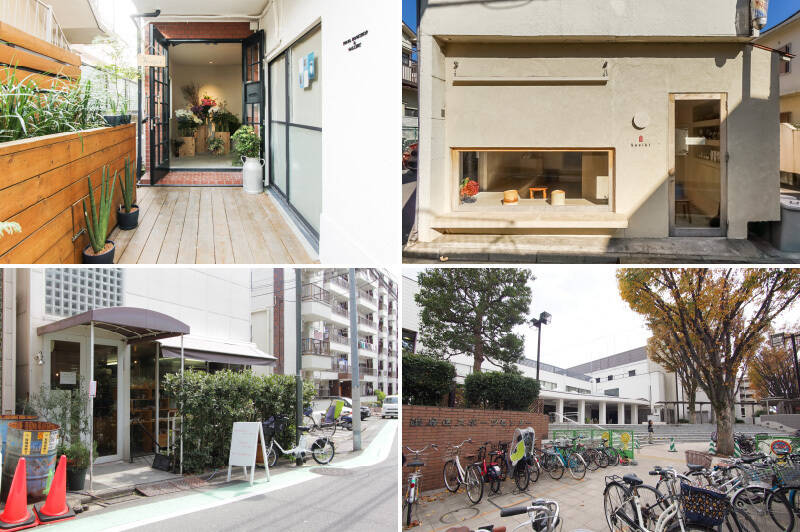 <b>左上・</b>「Forager（フォレジャー） 幡ヶ谷店」は、ひとりひとりに寄り添った草花を提案してくれるフラワーショップ。隣接するコーヒースタンド「Paddlers Coffee（パドラーズコーヒー）」もおすすめです。（徒歩5分）／<b>右上・</b>アイスクリームショップ「kasiki（カシキ）」では、ジェラートとナチュラルワインの組み合わせを楽しめます。（徒歩5分）／<b>左下・</b>「カタネベーカリー」は、パン好きなら知る人ぞ知る有名店。ご近所なんて羨ましい！（徒歩8分）／<b>右下・</b>徒歩4分の場所にある「渋谷区スポーツセンター」はトレーニングルームや屋内プールを併設しており、区民ならリーズナブルに利用できます。