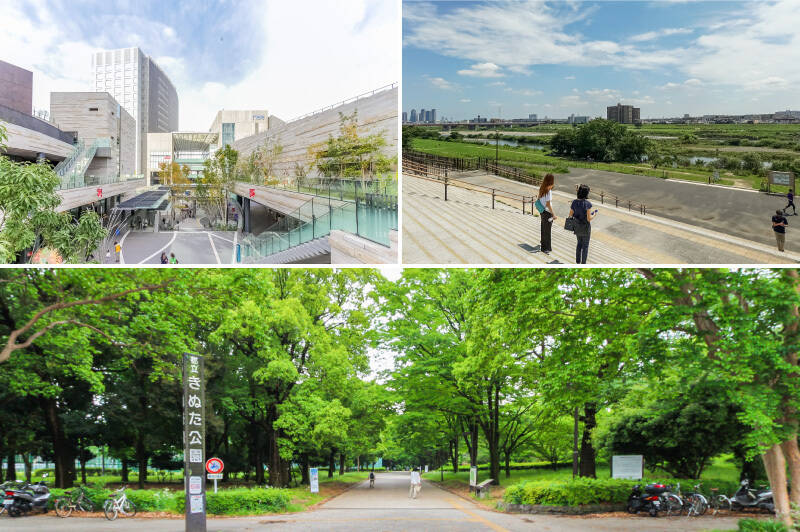 <b>左上・</b>「二子玉川ライズ」まで徒歩15分、自転車ならおよそ7分。ショッピング、映画鑑賞、お食事まで楽しめて、多様なイベントも開催されています。／<b>右上・</b>多摩川の河川敷に面する「二子玉川公園」まで徒歩20分、自転車で約9分。／<b>下・</b>美術館も併設する「砧公園」まで徒歩13分、自転車で焼く5分。