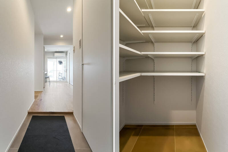 『お邪魔します！』……って、南東からさす自然光でさっそく明るい！ 玄関にはシューズインクローゼット（SIC）が備わっています。