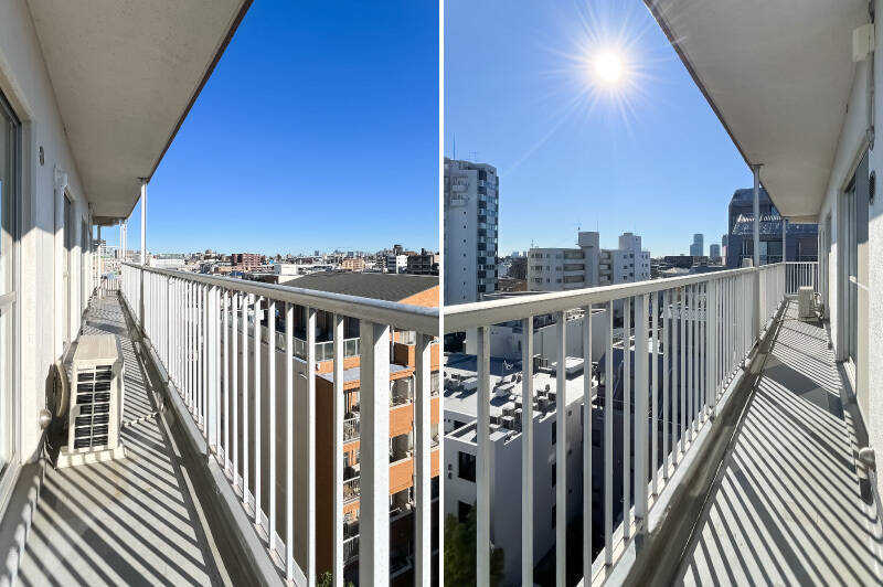 ルーフバルコニーは南東・南西向きのL字バルコニーへと続いています。こちらの写真はLDKや家事ルーム、洋室Aが面する南東側。