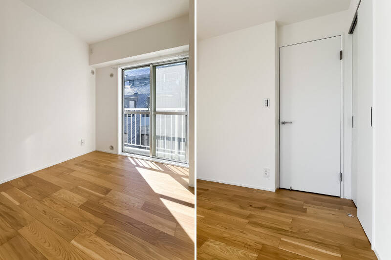 こちらはバルコニーに出られる南西向きのサッシ付き。クローゼットは入り口横に備わっています。