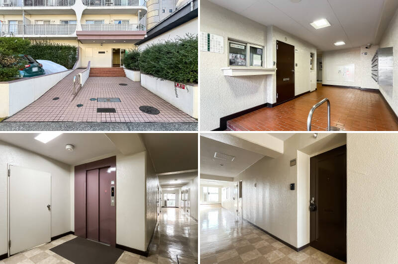 左上・植栽で彩られたエントランス。／<b>右上・</b>シンプルな共用ロビー。宅配ボックスが備わっていますよ。／<b>左下・</b>エレベーターに乗って最上階である7階へ。／<b>右下・</b>内廊下ながら窓があって明るいのがうれしいですね！