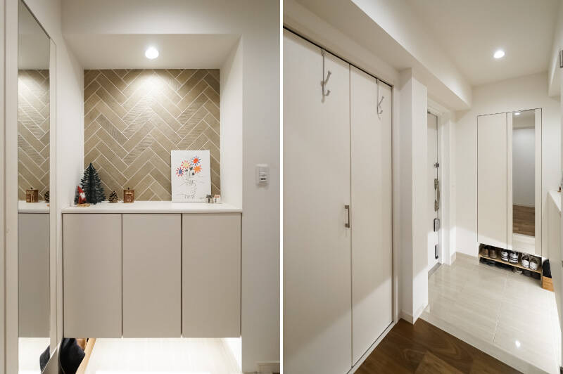 <b>左・</b>玄関扉を背にして正面には、タイルがアクセントになった腰高の収納が。/<b>右・</b>そのほかにも姿見付きのトールサイズのシューズボックスと廊下収納があり、靴以外にも備蓄品などかさばりやすいアイテムをしまうのに便利そう。
