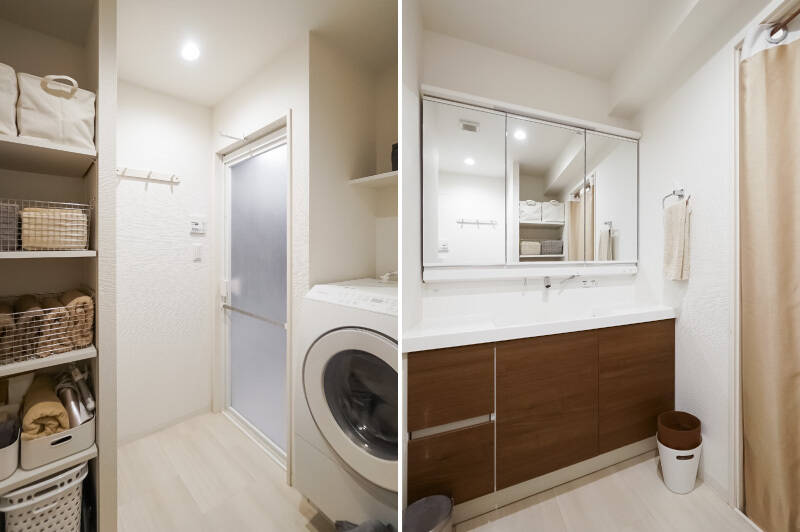 洗面室は広めで、脱衣スペースや収納を十分に確保しています。洗面台もワイドサイズを採用しており、身支度がスムーズに進みそう。