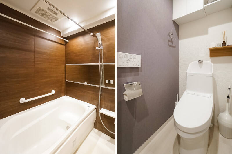 <b>左・</b>浴室乾燥機能付きのユニットバス。ブラウンのパネルでシックな雰囲気です。/<b>右・</b>トイレは廊下からアクセスする間取り。