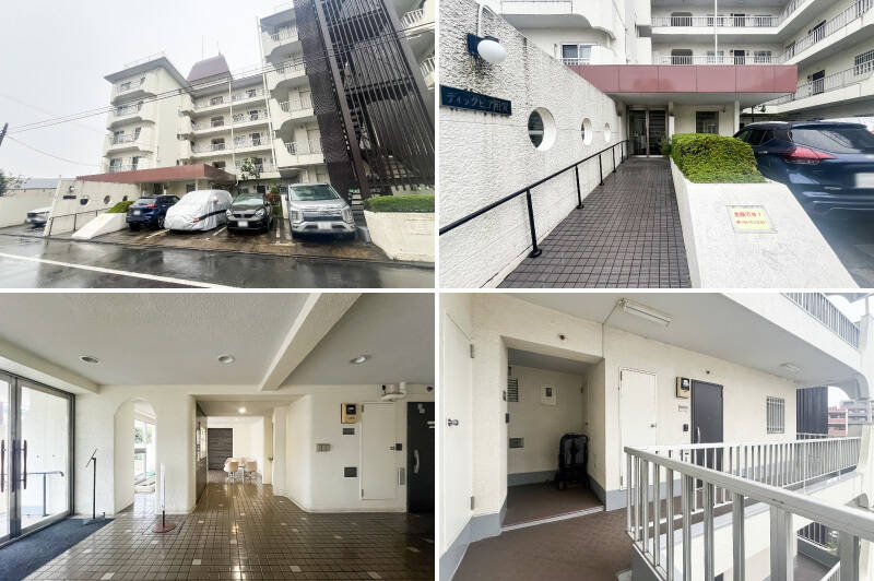 <b>左上・</b>建物の全体感。/<b>右上・</b>丸く抜かれた壁が可愛いアプローチを進むと……/<b>左下・</b>共用ロビーが。奥にはレトロな椅子が置かれた応接スペースがあります。/<b>右下・</b>ご紹介した住戸は3階に所在する角部屋。写っていませんが、左手の奥まった所に玄関扉があります。